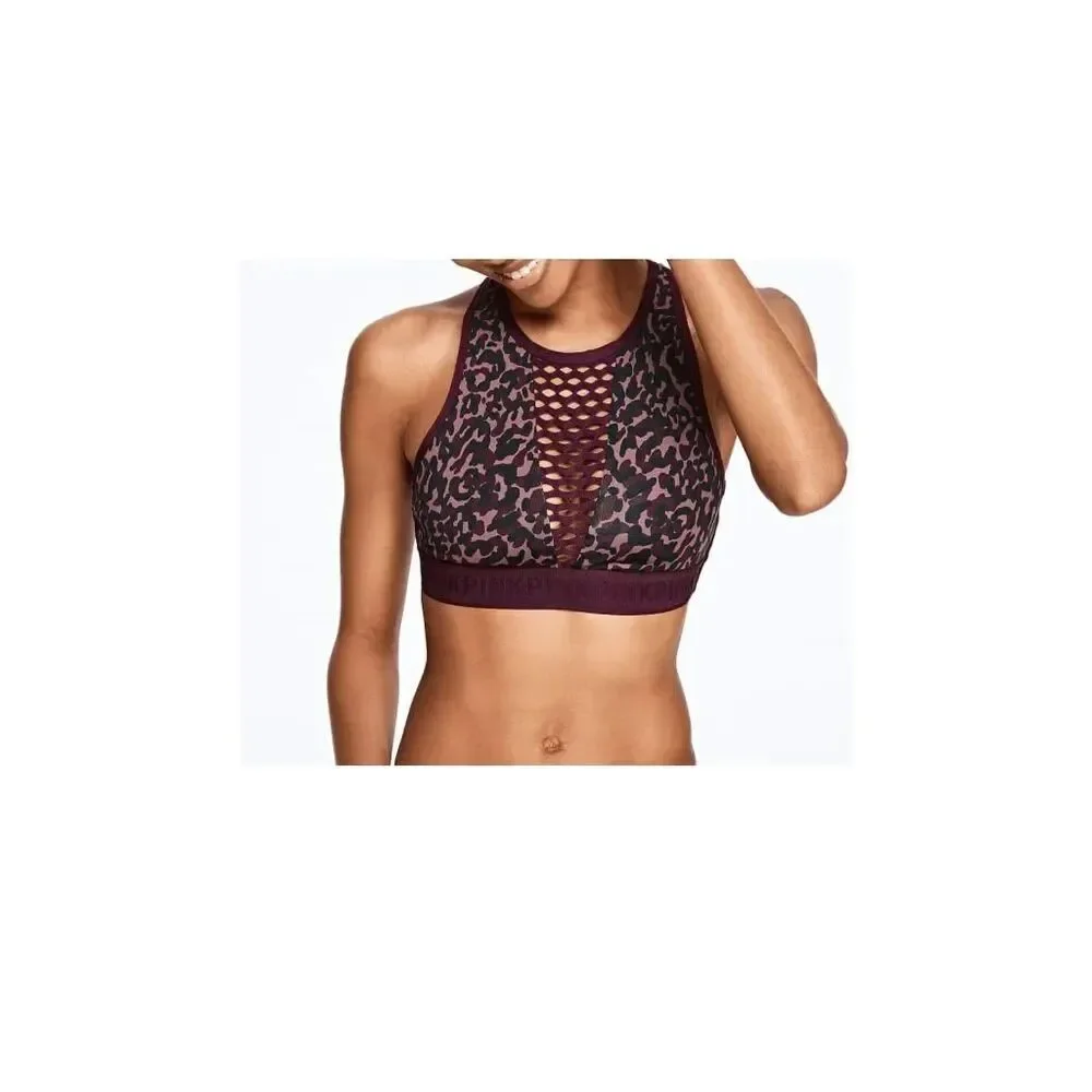 PINK Victorias Secret Ultimate Unlined Maroon Leopard Sports Bra Small-DD
